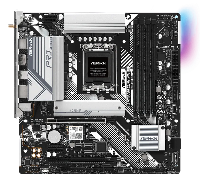 Материнская плата ASROCK B760M PRO RS/D4 WIFI, LGA1700, B760, 4*DDR4, HDMI+DP, 4xSATA3 6.0 (RAID), M.2 Socket, USB 3.2, USB2.0, Type-C, mATX