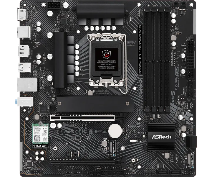 Материнская плата ASROCK B760M PG LIGHTNING WIFI, LGA1700, B760, 4*DDR5, HDMI+DP, 4xSATA3 6.0 (RAID), M.2 Socket, USB 3.2, USB2.0, Type-C, mATX