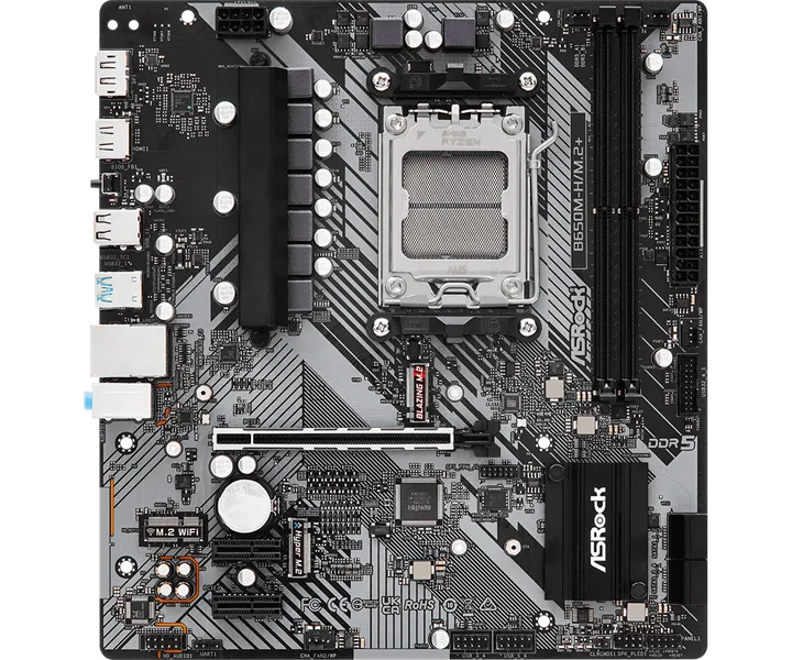 Материнская плата ASROCK B650M-H/M.2+, AM5, B650, 2*DDR5, HDMI+DP, 4xSATA3 6.0, M.2 Socket, RAID, USB 3.2, USB 2.0, Type-C, mATX