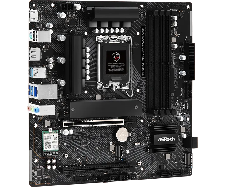 Материнская плата ASROCK B760M PG LIGHTNING WIFI, LGA1700, B760, 4*DDR5, HDMI+DP, 4xSATA3 6.0 (RAID), M.2 Socket, USB 3.2, USB2.0, Type-C, mATX