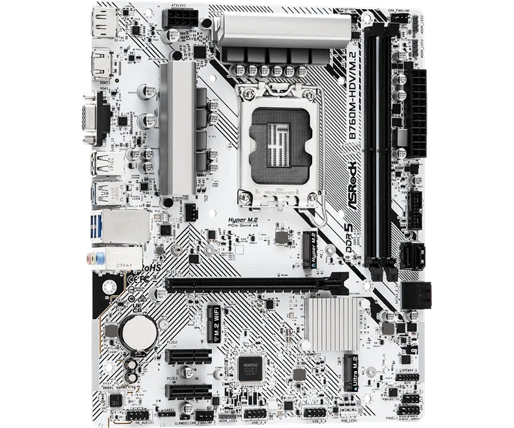 Материнская плата ASROCK B760M-HDV/M.2, LGA1700, B760, 2*DDR5, HDMI+DP+D-Sub, 4xSATA3 6.0 (RAID), M.2 Socket, USB 3.2, USB2.0, Type-C, mATX