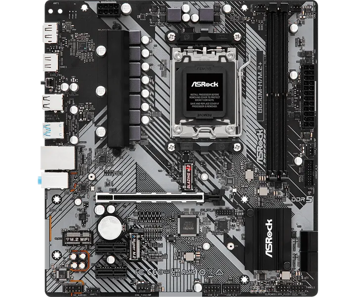 Материнская плата ASROCK B650M-H/M.2+, AM5, B650, 2*DDR5, HDMI+DP, 4xSATA3 6.0, M.2 Socket, RAID, USB 3.2, USB 2.0, Type-C, mATX