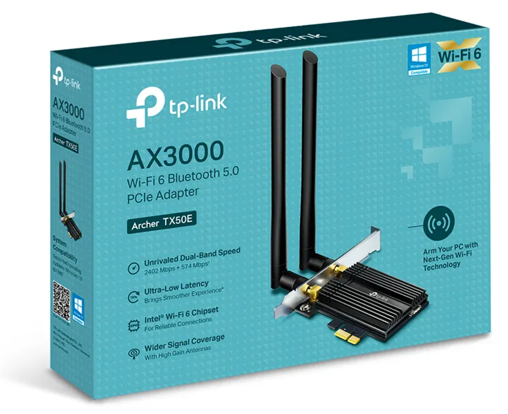 TP-Link Archer TX50E, AX3000 Двухдиапазонный Wi-Fi 6 Bluetooth 5.0 адаптер PCI Express, до 574 Мбит/с на 2,4 ГГц + до 2402 Мбит/с на 5 ГГц, 2 антенны с высоким коэф. усиления