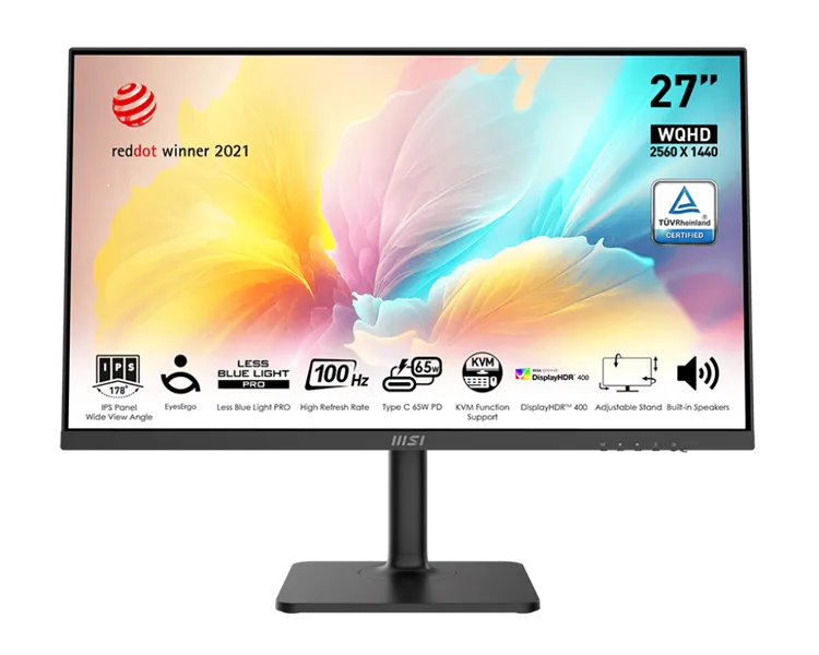 Монитор MSI Modern MD272QXP 27" 16:9 WQHD(2560x1440) IPS Flat,1ms(MPRT),HDR 400,1000:1,100M:1,400nit,178/178,HDMI,DP,2xUSB Type-A,USB Type-B,USB Type-C,Speaker,Tilt,Swivel,Height,Pivot,100Hz,Black,1y war-ty