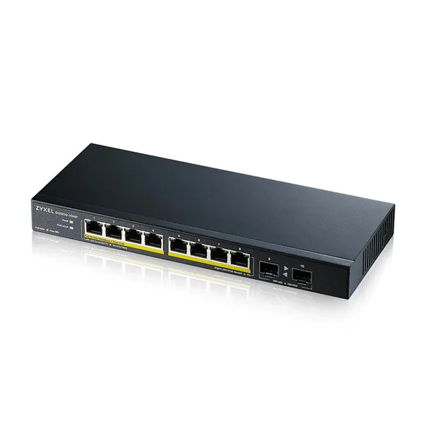 Коммутатор Коммутатор PoE+ Zyxel GS1100-10HP, 8xGE PoE+, 2xSFP, настольный, бесшумный, бюджет PoE 130 Вт, Kensigton lock