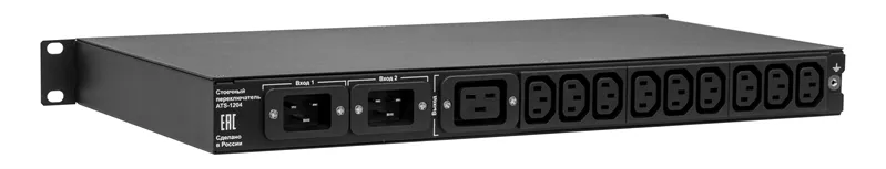 ELEMY ATS, 1U, 220B, 16A, Индикация: OLED-дисплей, Мониторинг: WEB, SNMP, Modbus-TCP, Вход (2) C20, Выход (1) C19 (9) C13 (аналог: AP4423, AP4423A)