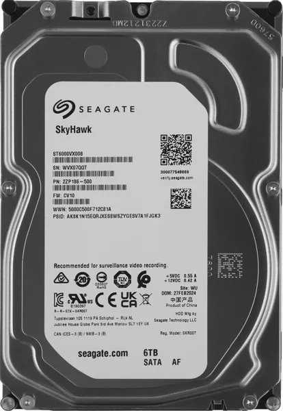 Жесткий диск Seagate SATA-III 6TB ST6000VX008 Surveillance Skyhawk 4KN (5400rpm) 256Mb 3.5"
