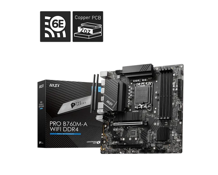 Материнская плата MSI PRO B760M-A WIFI DDR4 Soc-1700 Intel B760 4xDDR4 mATX AC`97 8ch(7.1) 2.5Gg+HDMI+DP