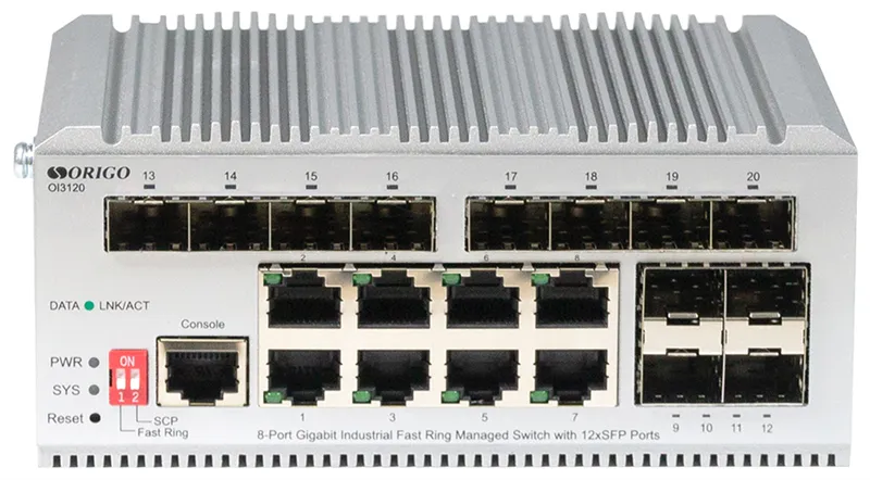 Коммутатор ORIGO Managed L2 Industrial Fast Ring Switch 8x1000Base-T, 12x1000Base-X SFP, Surge 4KV, -40 to 75°C