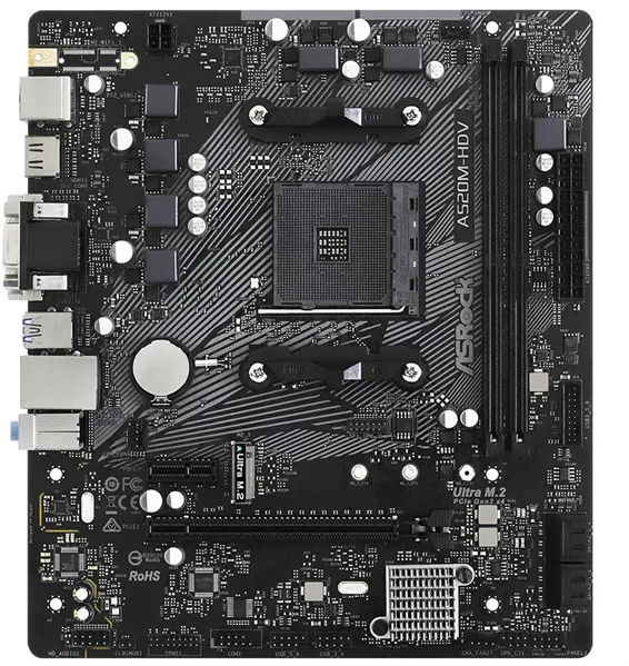 Материнская плата ASROCK A520M-HDV, AM4, A520, 2*DDR4, D-Sub+DVI-D+HDMI, 4xSATA3 6.0 (RAID), M.2 Socket, 4xUSB 3.2, 2xUSB 2.0, mATX; 90-MXBE50-A0UAYZ