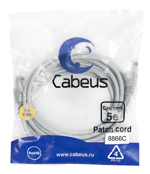 Cabeus PC-UTP-RJ45-Cat.5e-3m-LSZH Патч-корд U/UTP, категория 5е, 2xRJ45/8p8c, неэкранированный, серый, LSZH, 3м