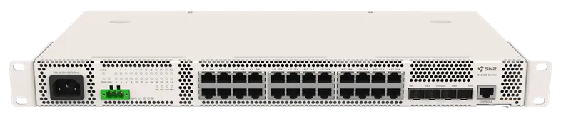 коммутатор SNR статус ТОРП Управляемый коммутатор уровня 2+, 24 порта 10/100/1000Base-T, 4 порта 1/10G SFP+, встроенный БП ~220V AC, разъем для АКБ 12V с возможностью заряда