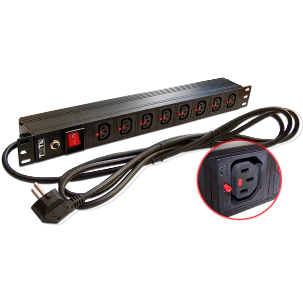 Блок розеток 19", 1-фазный с выключателем,10A / 250V, 8xC13 с фиксатором вилки, шнур 3.0 м, вилка Schuko