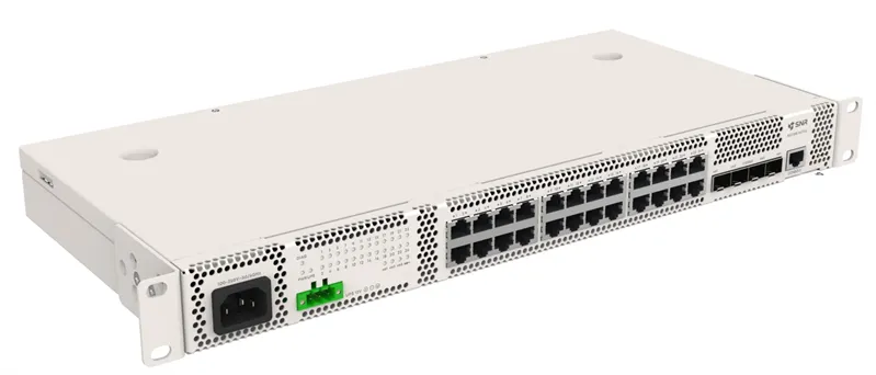 коммутатор SNR статус ТОРП Управляемый коммутатор уровня 2+, 24 порта 10/100/1000Base-T, 4 порта 1/10G SFP+, встроенный БП ~220V AC, разъем для АКБ 12V с возможностью заряда