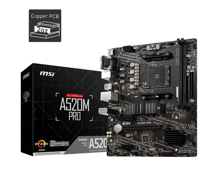 Материнская плата MSI A520M PRO Soc-AM4 AMD A520 2xDDR4 mATX AC`97 8ch(7.1) GbLAN RAID+VGA+HDMI+DP