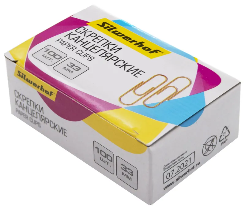 Скрепки Silwerhof 491035 металл 33мм золотистый (упак.:100шт) картонная коробка