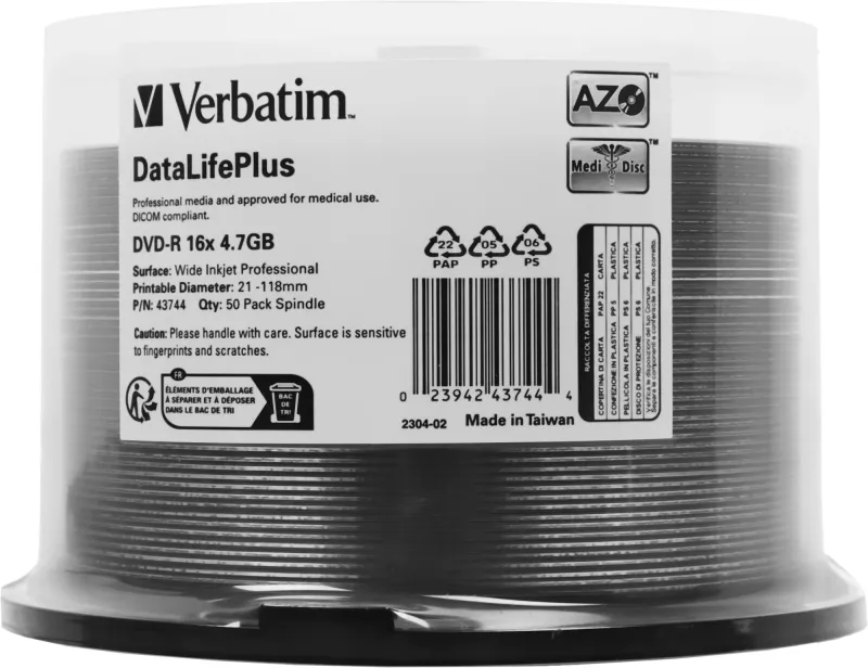 Диск DVD-R Verbatim 4.7Gb 16x Cake Box (50шт) Printable (43744)