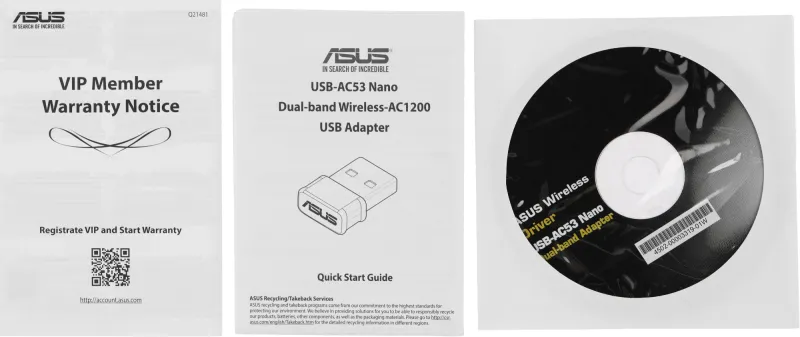 Адаптер ASUS USB-AC53 // WI-FI 802.11ac, 300 + 867 Mbps USB Adapter ; 90IG03P0-BM0R10, 3 year