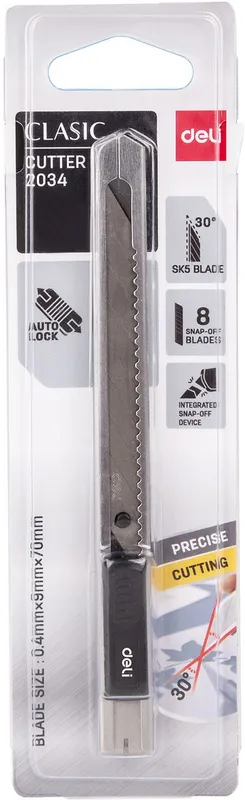 Нож канцелярский Deli E2034 Essential Metal Vivid Mini шир.лез.9мм фиксатор сталь серый