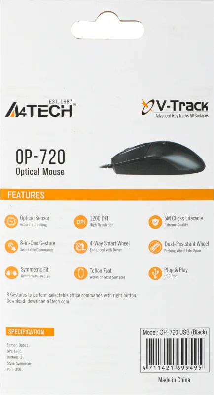 Мышь A4Tech OP-720 черный оптическая (1200dpi) USB (3but)