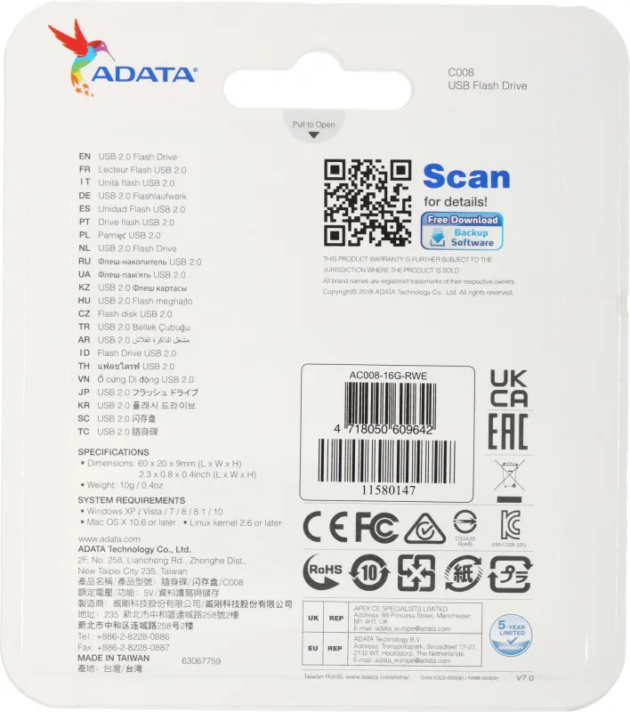 Флеш Диск A-Data 16Gb Classic C008 AC008-16G-RWE USB2.0 белый/синий