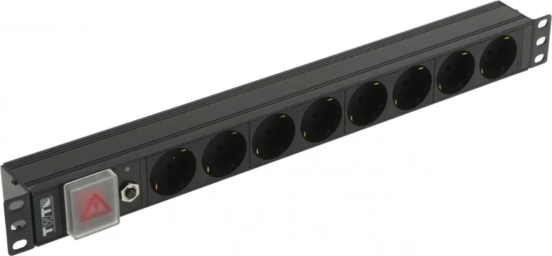 Блок розеток 19", 1-фазный с выключателем, 10A / 250V, 8xSchuko, без шнура питания, разъем C14
