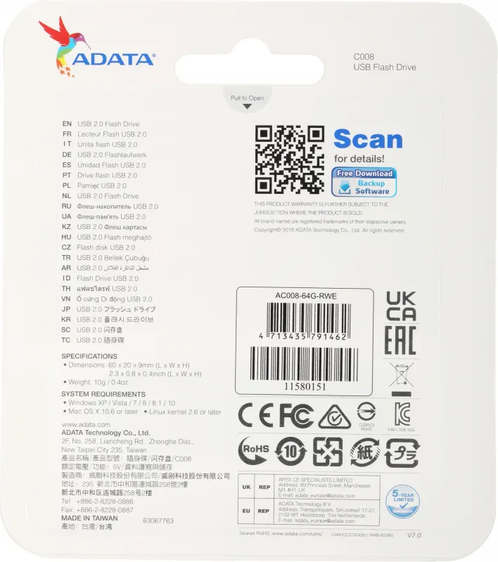 Флеш Диск A-Data 64GB Classic C008 AC008-64G-RWE USB2.0 синий/белый