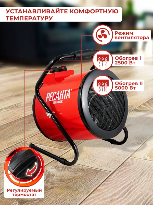 Тепловая пушка электрическая Ресанта ТЭП-5000К 5000Вт красный