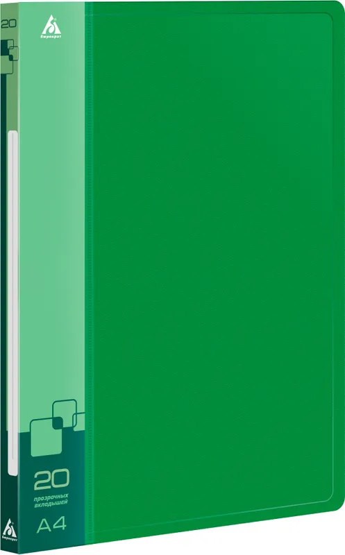 Папка с 20 прозр.вклад. Бюрократ -BPV20GRN A4 пластик 0.6мм торц.карм с бум. встав зеленый