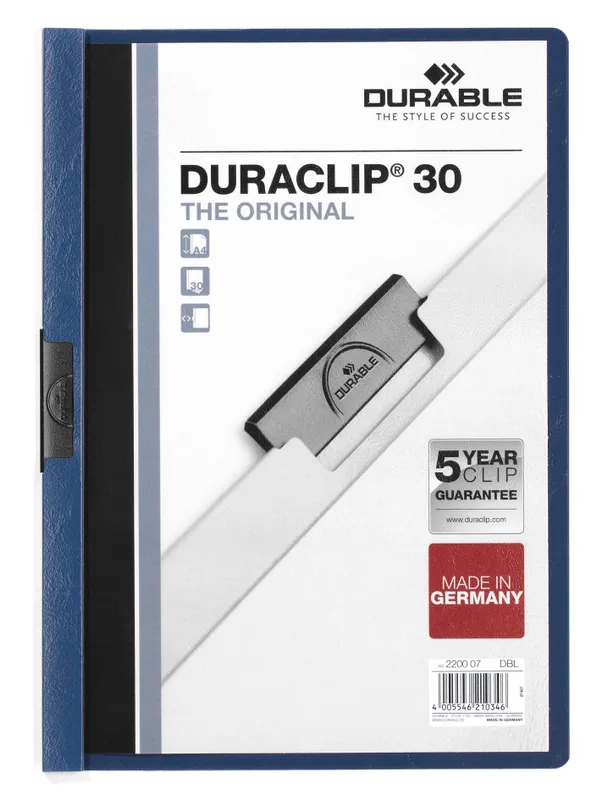 Папка с клипом Durable Duraclip 2200-07 прозрач. верх.лист A4 1-30лист. темно-синий