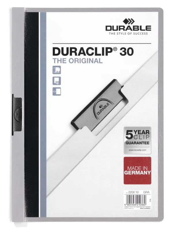 Папка с клипом Durable Duraclip 2200-10 прозрач. верх.лист A4 1-30лист. серый
