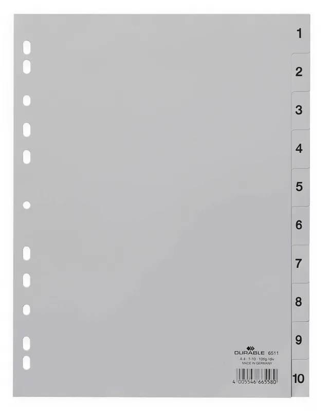Разделитель индексный Durable 6511-10 A4 пластик 10 индексов 1-10 серые разделы