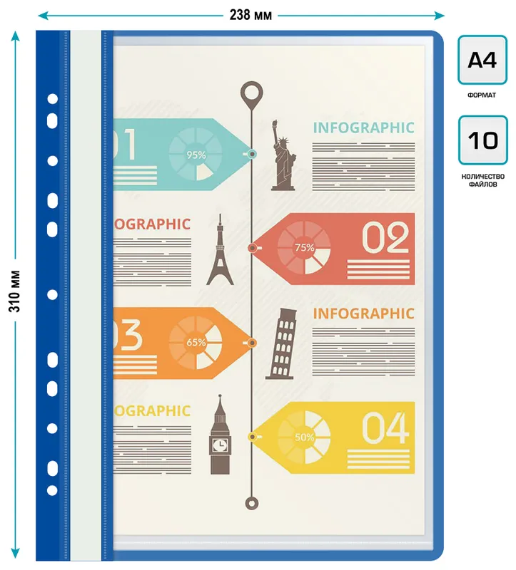 Папка-скоросшиватель Бюрократ -PS10BLUE A4 10 вкладышей боков.перф. пластик синий 0.12/0.16