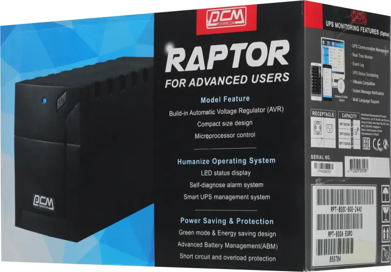 Источник бесперебойного питания Powercom Raptor RPT-800A EURO 480Вт 800ВА черный