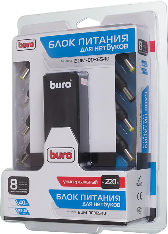 Блок питания Buro BUM-0036S40 автоматический 40W 9.5V-20V 8-connectors от бытовой электросети LED индикатор