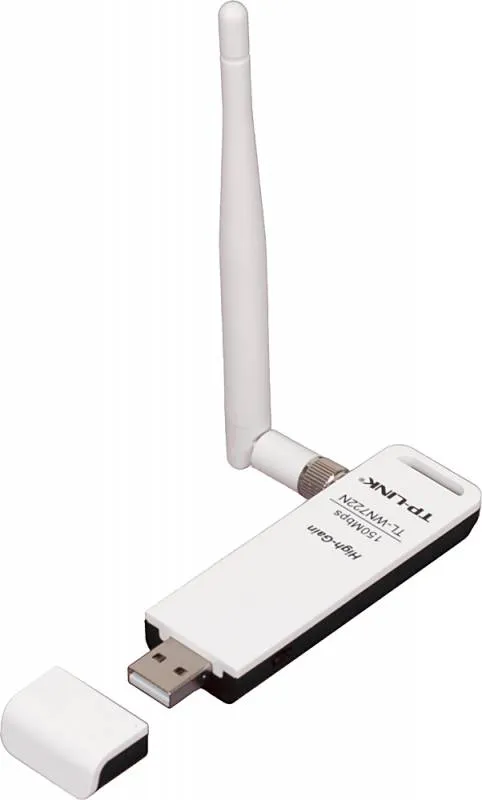 Сетевой адаптер TP-Link TL-WN722N, N150 Wi-Fi USB-адаптер высокого усиления, до 150 Мбит/с на 2,4 ГГц, 1 внешняя антенна с высоким коэффициентом усиления, USB 2.0, кнопка WPS