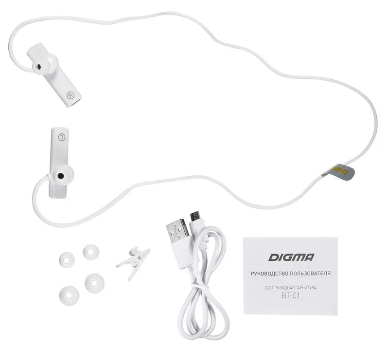 Гарнитура вкладыши Digma BT-01 белый беспроводные bluetooth крепление за ухом (E703BT WHITE)