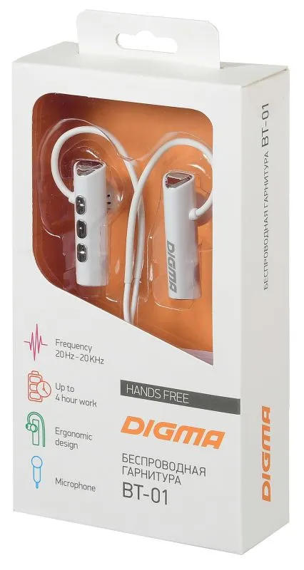 Гарнитура вкладыши Digma BT-01 белый беспроводные bluetooth крепление за ухом (E703BT WHITE)