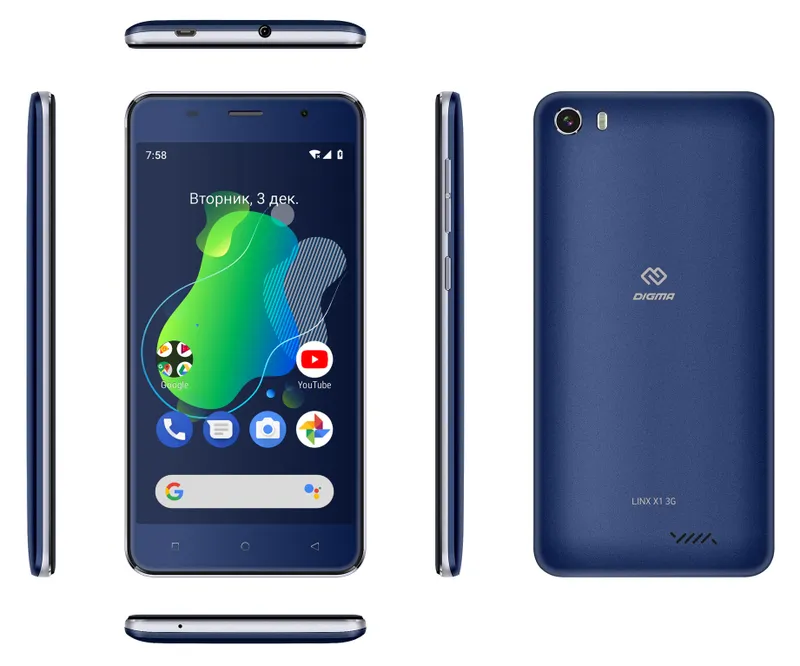 Смартфон Digma X1 3G Linx 16Gb 1Gb FM темно-синий моноблок 3G 2Sim 5" 720x1280 Android 8.1 8Mpix 802.11 b/g/n GPS GSM900/1800 GSM1900 TouchSc FM microSDHC max64Gb
