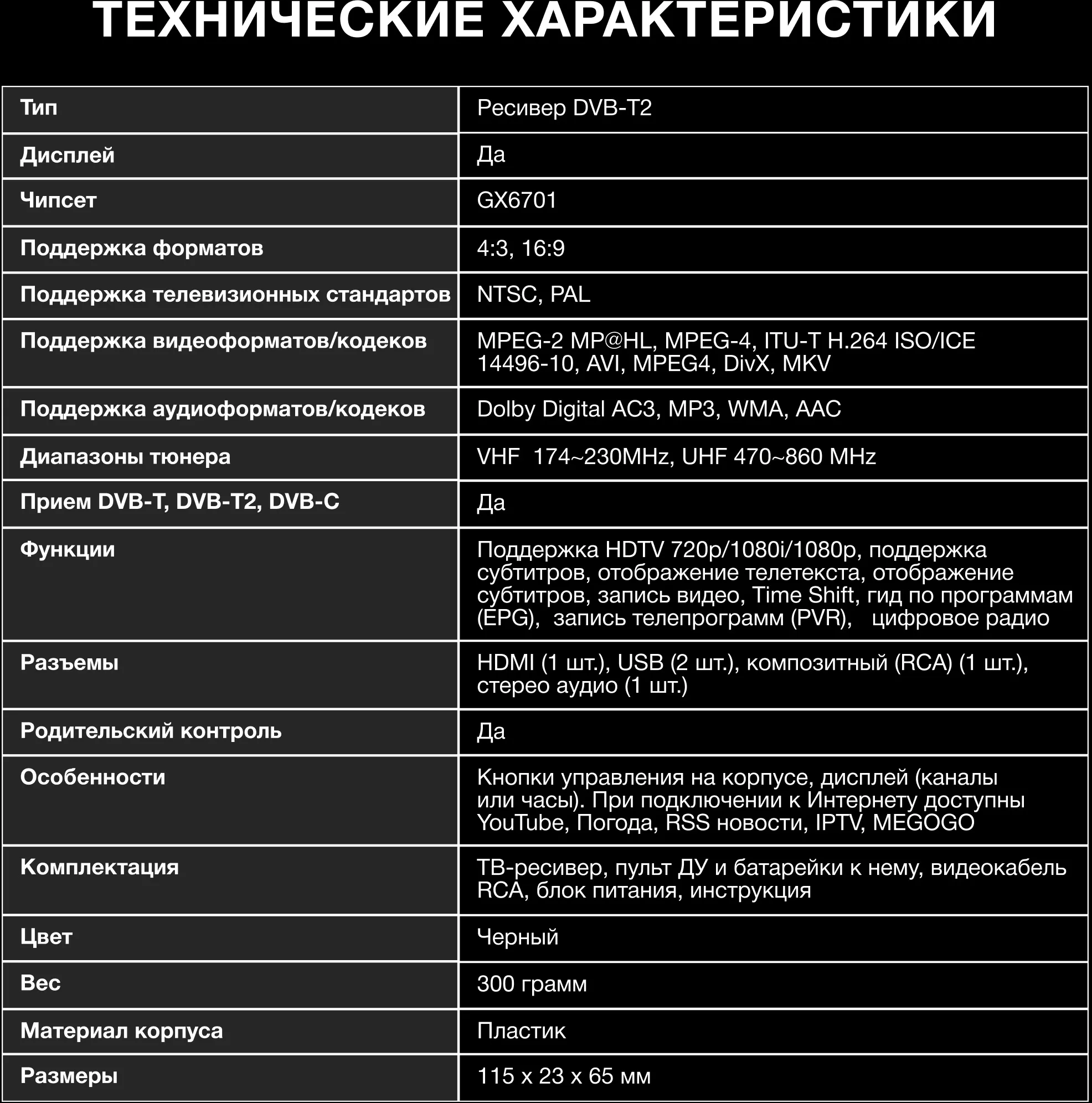 Ресивер DVB-T2 Hyundai H-DVB500 черный