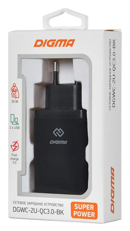 Сетевое зар./устр. Digma DGWC-2U-QC3.0-BK 30W 3A (QC) 2xUSB универсальное черный