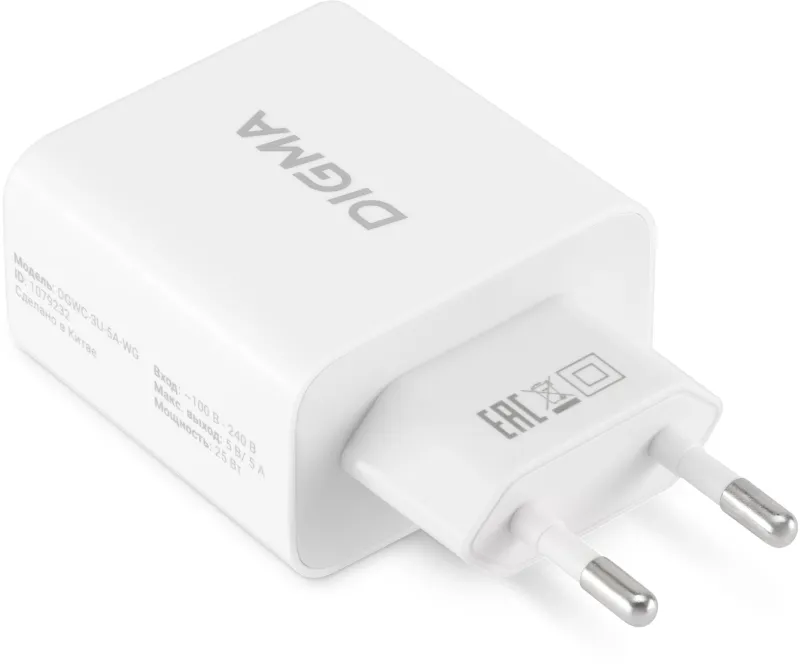 Сетевое зар./устр. Digma DGWC-3U-5A-WG 25W 5A (PD+QC) 3xUSB универсальное белый