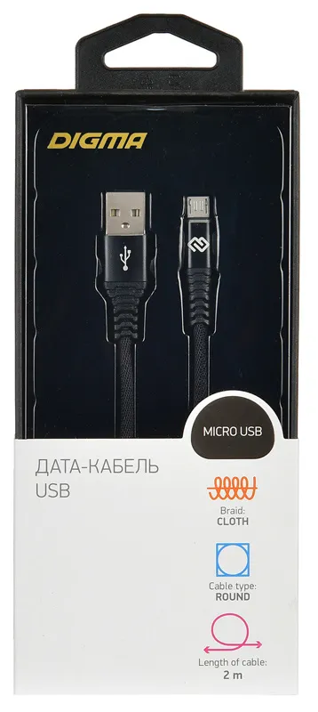 Кабель Digma MICROUSB-2M-BRAIDED-BLK USB (m)-micro USB (m) 2м черный
