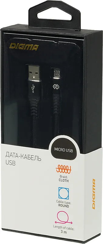 Кабель Digma MICROUSB-3M-BRAIDED-BLK USB (m)-micro USB (m) 3м черный