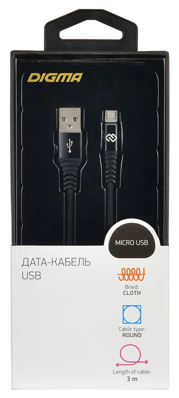 Кабель Digma MICROUSB-3M-BRAIDED-BLK USB (m)-micro USB (m) 3м черный