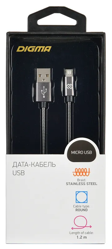 Кабель Digma MICROUSB-1.2M-BRAIDED-G USB (m)-micro USB (m) 1.2м темно-серый