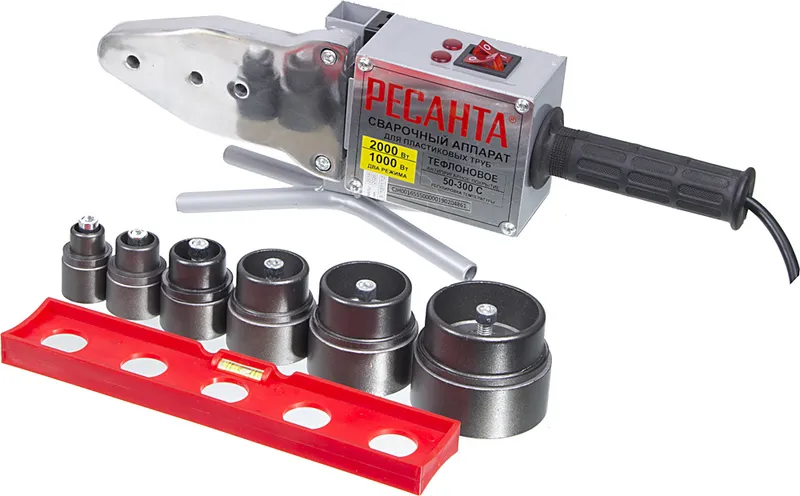 Сварочный аппарат для пластиковых труб Ресанта АСПТ-2000 2кВт Тмакс.:300 парн.насад. 6насад. (кейс в компл.) (65/55)