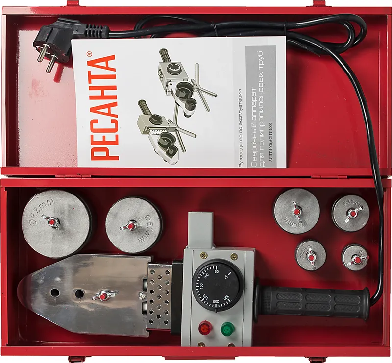 Сварочный аппарат для пластиковых труб Ресанта АСПТ-1000 1кВт Тмакс.:300 парн.насад. 6насад. (кейс в компл.) (65/54)