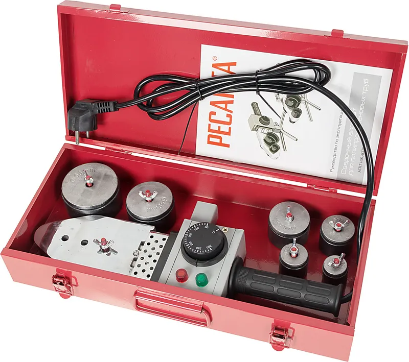 Сварочный аппарат для пластиковых труб Ресанта АСПТ-1000 1кВт Тмакс.:300 парн.насад. 6насад. (кейс в компл.) (65/54)