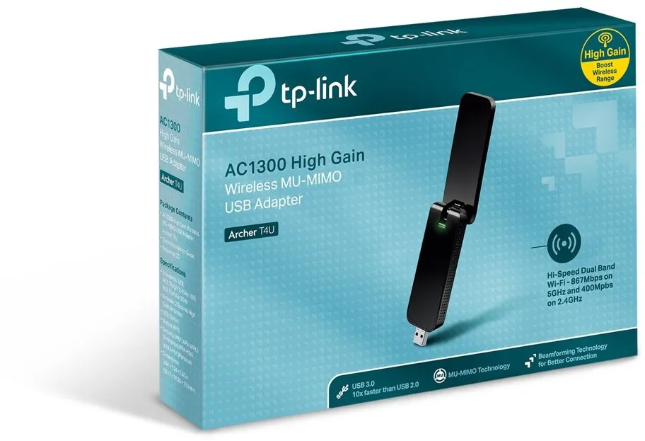 Сетевой адаптер Wi-Fi TP-Link Archer T4U AC1300 USB 3.0 (ант.внеш.несъем.)